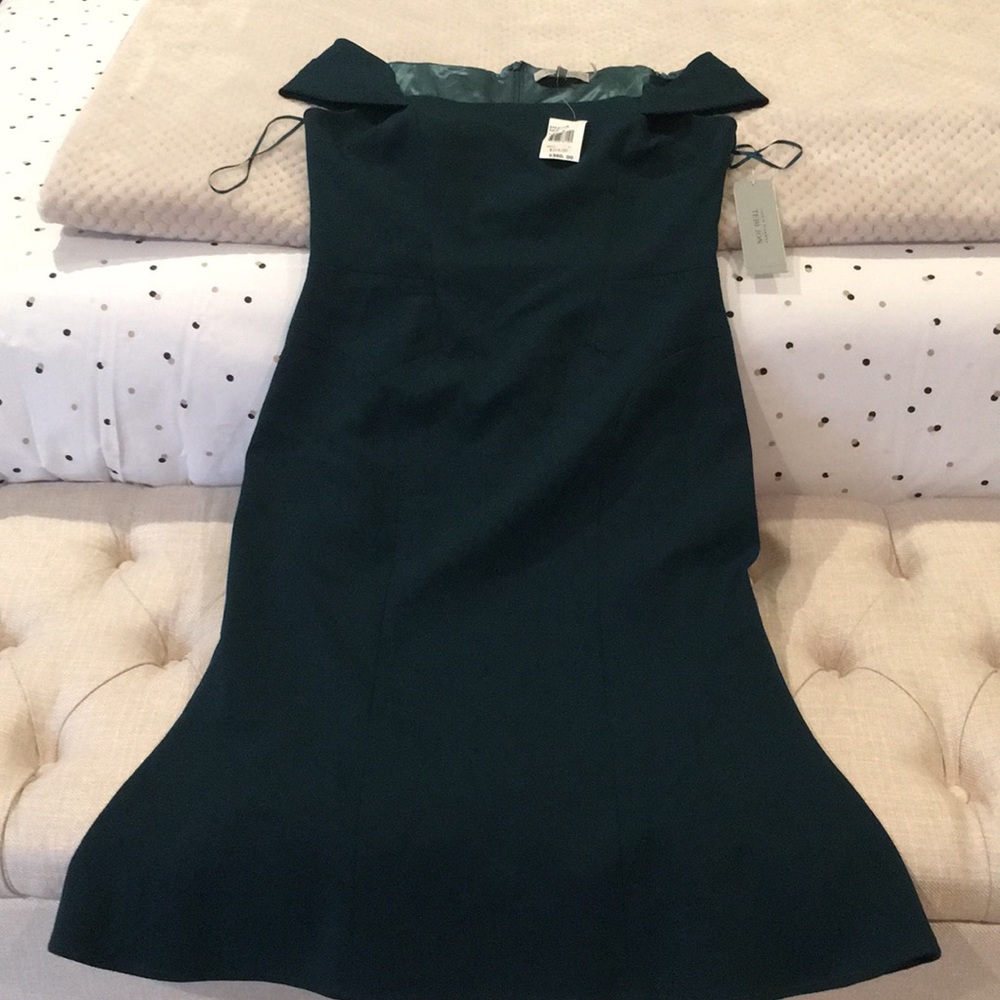 Rickie Freeman Teri Jon teal off shoulder dress